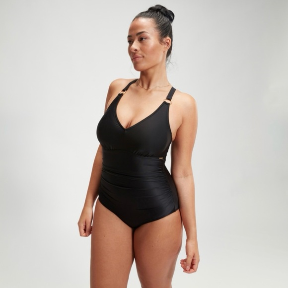 NWT SPEEDO Shaping V Neck One Piece in Black - Picture 1 of 9
